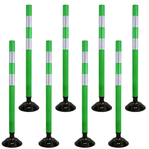 OrangeStar Paquete de 8 conos de tráfico de 48 pulgadas con base de resorte, postes de delineador verdes con rayas reflectantes para seguridad vial,