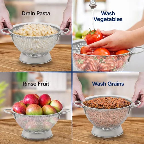 Miniatura 2 de HIC Kitchen Colador perforado con asas, acero inoxidable 18/8, 7.5 pulgadas