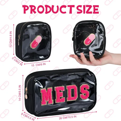 Miniatura 2 de Hillban 2 bolsas medicinales de chenilla con parche de letras, bolsas de viaje, de nailon transparente, bolsas de maquillaje portátiles
