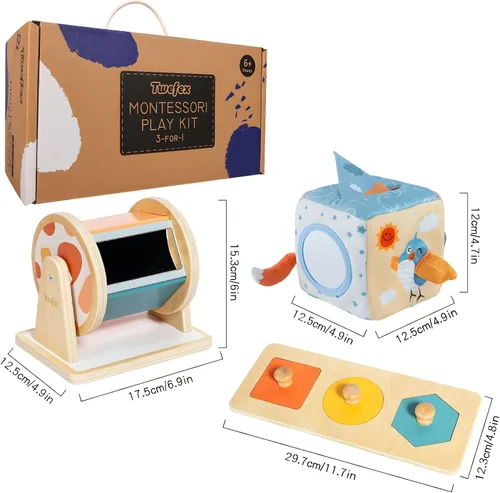 Miniatura 7 de Twefex Juguetes Montessori para bebés de 6 a 12 meses – Kit de juego 3 en 1 para bebés – Tambor giratorio mediano – Caja de pañuelos para bebé