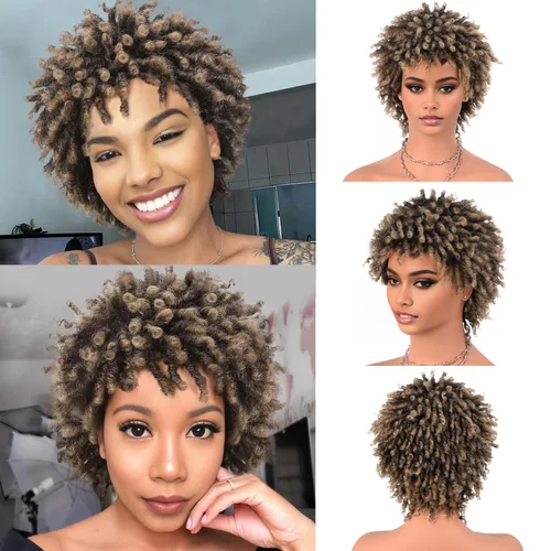 Miniatura 18 de Pelucas de rastas cortas de 6 pulgadas para mujeres y hombres negros con clips, pelucas trenzadas sintéticas con rizos postizos, rizos Afro, rizos
