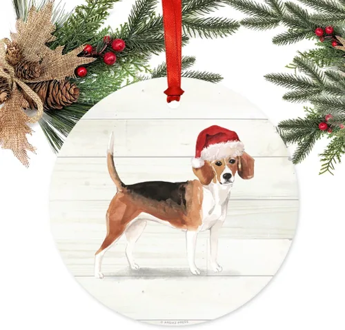 Miniatura 2 de Andaz Press Adorno de Navidad de metal para perro, Beagle con sombrero de Papá Noel, 1 paquete, incluye cinta y bolsa de regalo