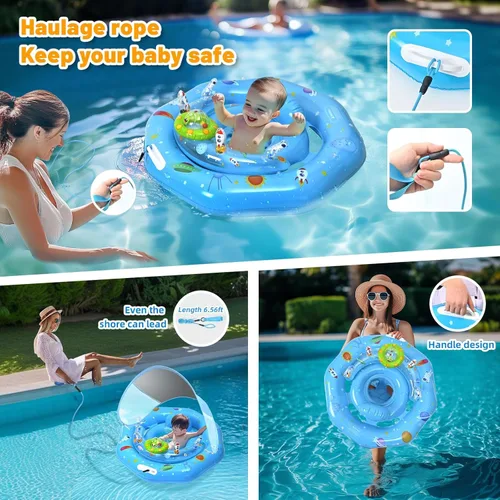 Miniatura 2 de Flotador de piscina para bebé con toldo y consola de juguetes, asiento seguro ajustable, parasol UPF50+ extraíble, flotador de piscina infantil