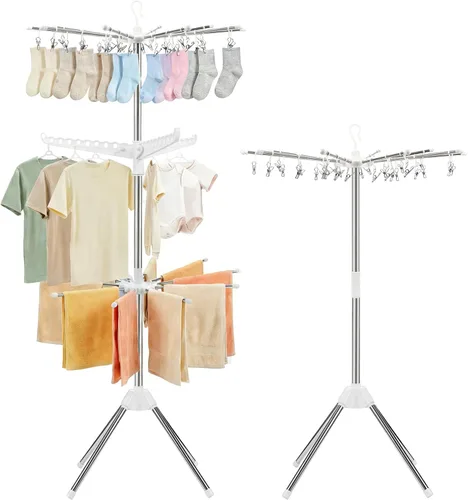 Miniatura 8 de Tendedero plegable para ropa – Estante de secado de ropa de 2 niveles, perchero portátil con barra giratoria para ropa con 24 clips y 3 brazos