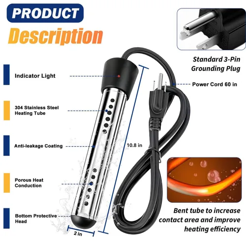 Miniatura 2 de Calentador de agua de inmersión portátil de 2000 W, con protector de acero inoxidable y termómetro digital, calentador eléctrico sumergible rápido