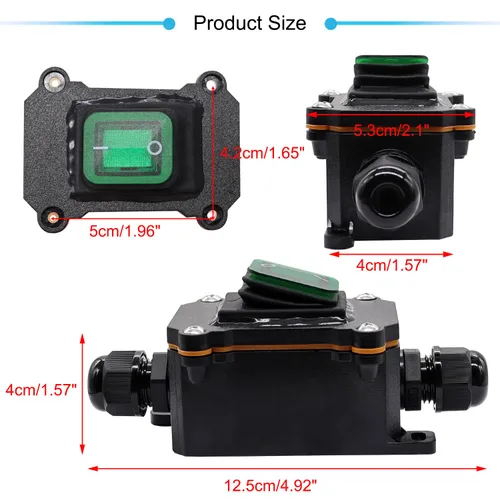 Miniatura 6 de IP67 Interruptor de línea impermeable en línea 16A/250V 20A/125V CA DPST de 4 pines, 2 posiciones, interruptor de palanca exterior con botón de Verde