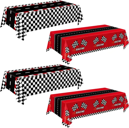 Oigco - Paquete de 4 manteles de plástico de automóvil de carreras, decoraciones de cumpleaños de autos, mantel a cuadros para decoración de