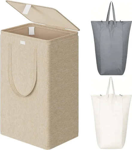 Miniatura 14 de WOWLIVE Cesta de lavandería de 100 litros con tapa, cesta plegable grande con 2 bolsas y asas extraíbles, cesta de ropa sucia plegable alta