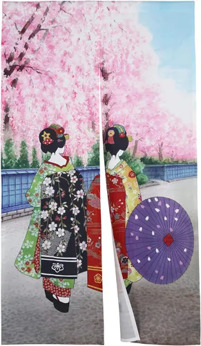 Miniatura 6 de Cortina japonesa Noren para puerta de Kyoto Geisha Girls con templo flor de cerezo para puerta de cocina, tapiz para decoración del hogar, 33 x 59
