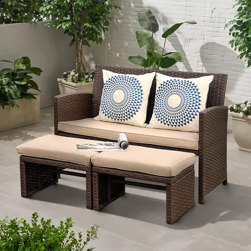 OC Orange-Casual Juego de muebles de patio de 3 piezas para exteriores, juego de muebles de mimbre para todo tipo de clima, con otomana/mesa Marrón