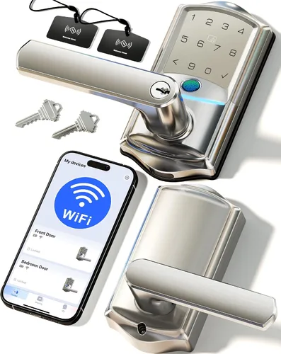 Veise VE029 - Cerradura de palanca inteligente WiFi, cerradura de puerta de entrada sin llave de huellas dactilares con asa, WiFi integrado, control