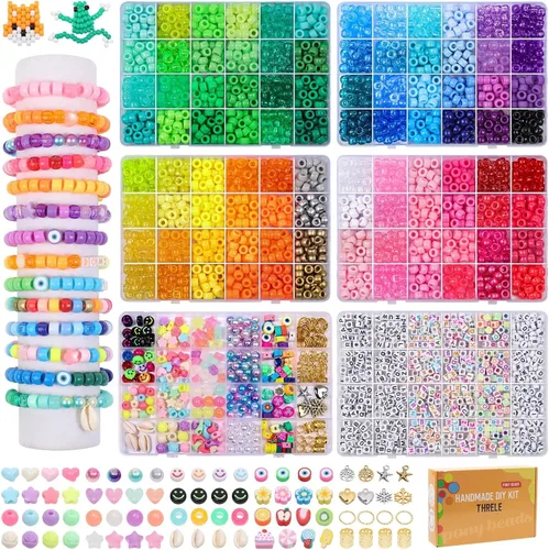 THRELE Kit de 4000 cuentas de poni para hacer pulseras de la amistad, incluye 96 colores de cuentas Kandi, cuentas de letras, cuentas para hacer