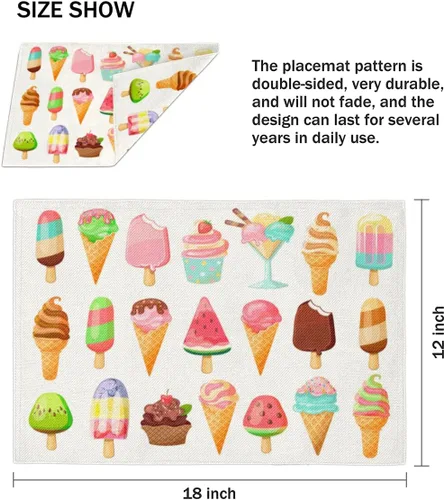 Miniatura 4 de Juego de 4 manteles individuales con diseño de helado de comida, lavables, impermeables, para decoración de mesa de comedor, 18 x 12 pulgadas