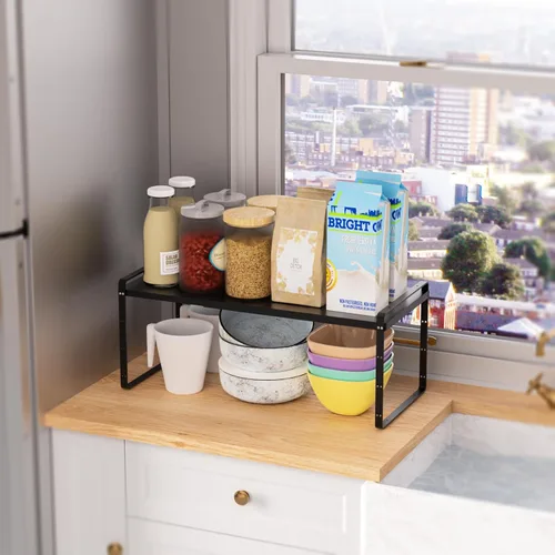 Miniatura 6 de SANNO Organizador de estantes de cocina expandibles, altura ajustable, gran apilable, armario de cocina, organizador de despensa y mostrador, Negro