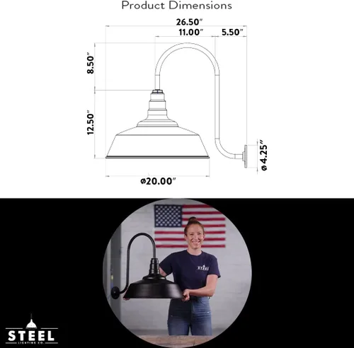 Miniatura 8 de Steel Lighting Co. Lámpara grande de granero para exteriores, con cuello de cisne, fabricada en Estados Unidos con acero de calibre 18, cúpula de 20