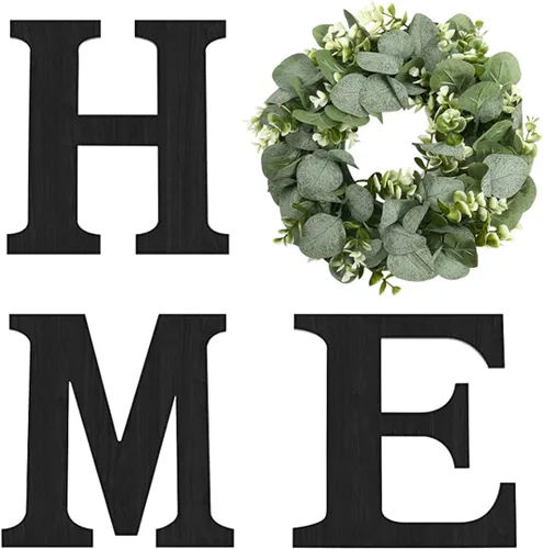 Cartel colgante de madera con letras en inglés «HOME» (Hogar) con corona de eucalipto artificial para la letra «O», decoración de pared estilo Negro