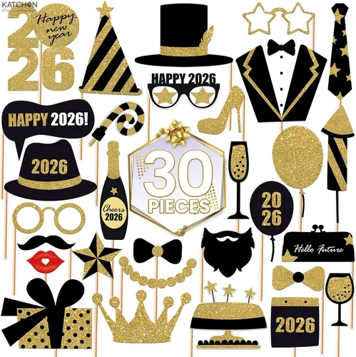 Miniatura 2 de KatchOn, Glitter New Years Photo Booth Props 2026 - Pack of 30 Gold and Black New Years Eve Photo Booth Props for Happy New Year Decorations 2026