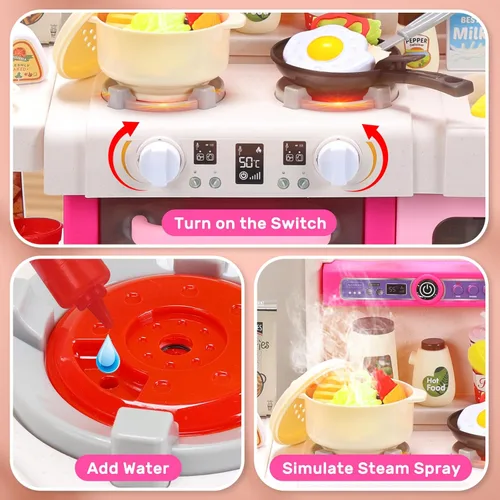 Miniatura 3 de CUTE STONE Juego de cocina para niños, juego de cocina con sonido y luz, estufa de cocina con vapor, fregadero de juguete, juguete de comida y Rosa