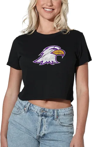 Colección oficial de camisetas cortas con logotipo primario desgastado universitario para mujer, color negro