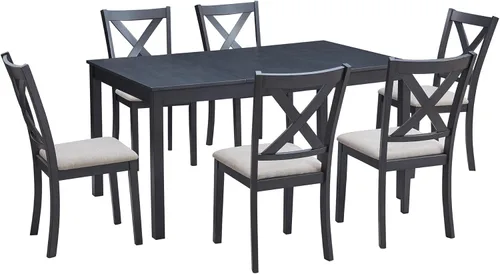 Miniatura 8 de YUMPIE Juego de mesa de comedor de madera de 60 pulgadas, juego de mesa y sillas de comedor de madera de 7 piezas, mesa de cocina con 6 sillas