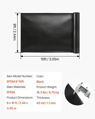 Miniatura 7 de VEVOR Revestimiento de estanque de 8 x 10 pies, grosor de 45 mil, material de goma EPDM para estanques al aire libre, fácil de cortar, duradero y a