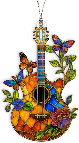 Colorido adorno de guitarra con mariposas y flores, adornos de Navidad con temática musical 2025, adorno colgante de acrílico para árbol de Navidad,