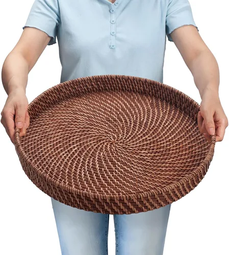 Miniatura 8 de Bandeja de ratán de 11 pulgadas, bandeja redonda de mimbre con asas recortadas, bandeja tejida para comedor / mesa de café