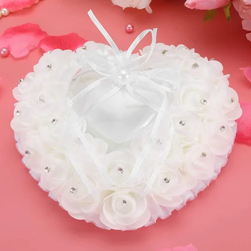 Miniatura 2 de TOPINCN Almohada de boda, soporte de caja de corazón de boda, romántica en forma de corazón, caja de boda, decoración de rosa, cojín de almohada