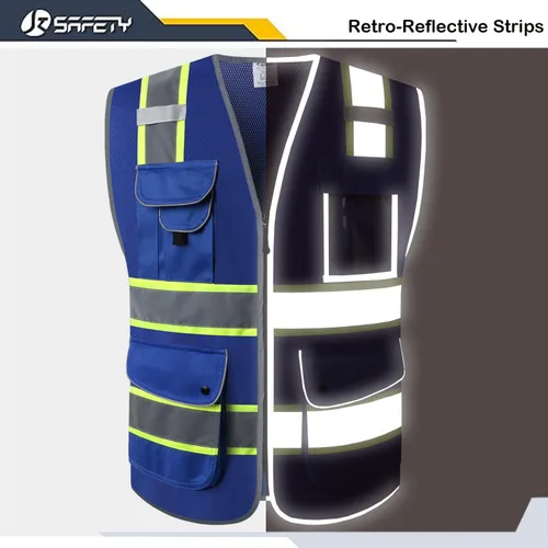 Miniatura 4 de JKSafety - Chaleco de seguridad azul con cremallera frontal de alta visibilidad, 9 bolsillos, azul con tiras reflectantes de doble tono, estándares