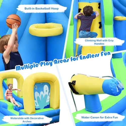 Miniatura 2 de HONEY JOY Tobogán acuático inflable, parque acuático 5 en 1, castillo, casa hinchable con cañones de agua, tobogán largo con arco, tobogán acuático