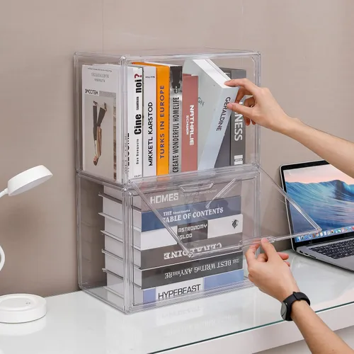 Miniatura 6 de FABROK Caja Organizadora de Almacenamiento de Libros Transparente, Estuche de Exhibición de Libros de Plástico Apilable con Puerta Magnética
