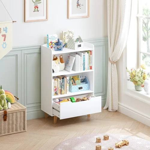 Miniatura 3 de UTEX Estantería para niños, libreros para niños con almacenamiento y cajón, organizador de almacenamiento de juguetes para niños de madera para sala