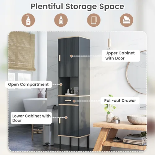 Miniatura 5 de Tangkula Armario alto de baño, armario de almacenamiento independiente con puertas gabinete, compartimento abierto y cajón, torre estrecha