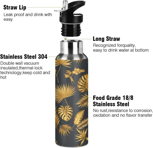 Miniatura 3 de Insulated Stainless Steel Water Bottle with Straw 20 Oz, BPA-Free Sports Water Bottle with Straw for Gym Outdoor Travel School, Tropical Leaves
