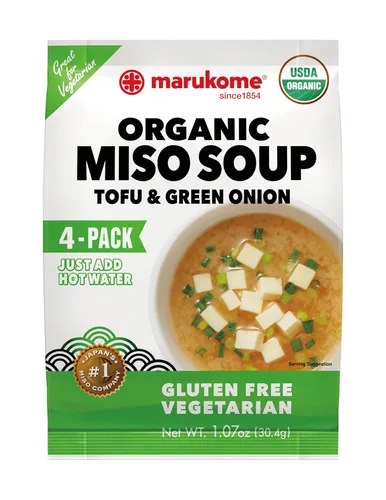 Marukome Sopa orgánica de miso tofu y cebolla verde, sopa instantánea de miso, sin gluten, sin conservantes, USDA Organic 4 paquetes en el interior,