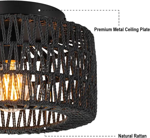 Miniatura 7 de SineRise Lámparas de techo de ratán (30 cm, bombilla LED incluida), lámpara de techo de montaje empotrado tejida a mano estilo bohemio, lámpara