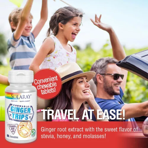 Miniatura 4 de SOLARAY Ginger Trips Travel Aid Extracto de raíz Apoyo digestivo saludable con miel, stevia y melaza 60 masticables