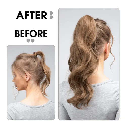 Miniatura 6 de CJL HAIR Extensión de cola de caballo de 18 pulgadas con cabello rizado y ondulado, clip de cola de caballo, peluca sintética falsa para mujeres