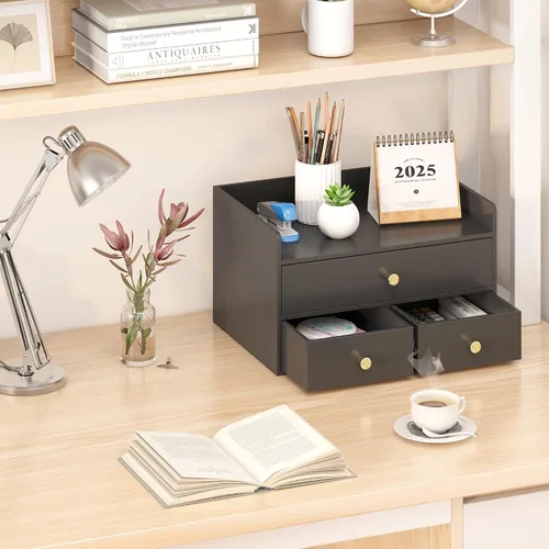 Miniatura 5 de Organizador de escritorio de bambú con cajones, cajones de almacenamiento de escritorio de madera para facturas, suministros de oficina, utensilios