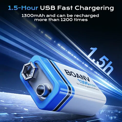 Miniatura 3 de 2 baterías recargables de 1300 mAh 9 V, batería recargable de litio USB de larga duración con cable de carga 2 en 1, para detectores de humo