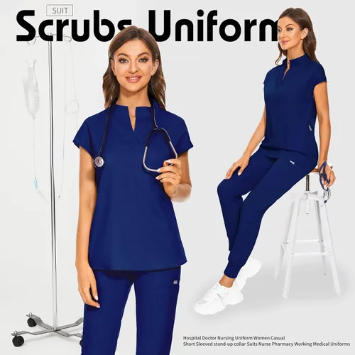 Miniatura 4 de VIAOLI Conjunto de uniforme médico para mujer con cuello en V y pantalón deportivo y 8 bolsillos para enfermería y trabajo clínico