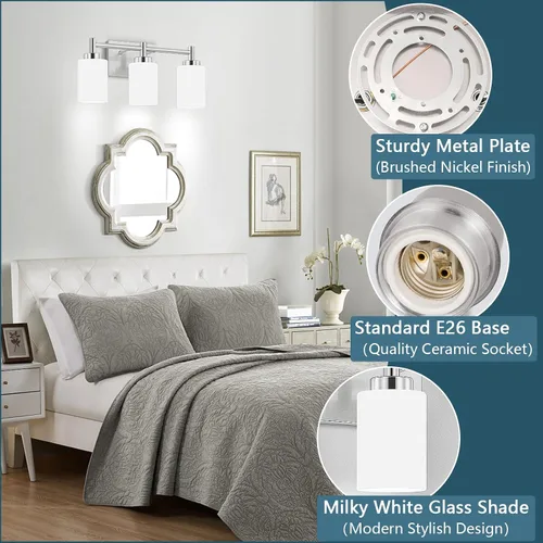 Miniatura 3 de 3-Light Brushed Nickel Bathroom Light Fixtures Over Mirror, Rustproof Brushed Nickel Vanity Light, Modern Bathroom Vanity Lights with Milky White