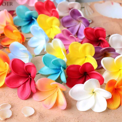 Miniatura 6 de 10 flores de plumeria artificiales de tacto real natural con tallos para fiestas temáticas hawaianas, un ramo de boda en la playa, decoración