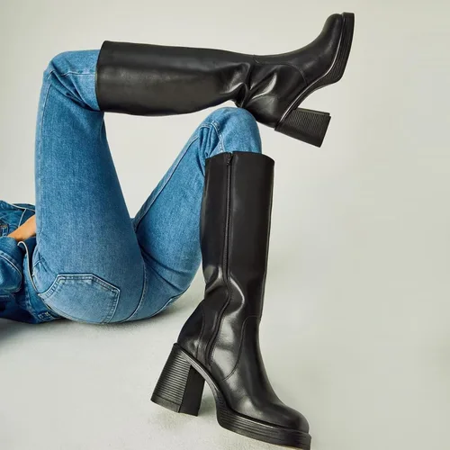 Miniatura 5 de SOVANYOU Botas de cuero negro con plataforma para mujer, botas de tacón grueso con punta cuadrada