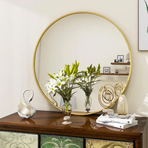 Miniatura 6 de VooBang - Espejo redondo dorado de 16", espejo circular de pared con marco de metal simple, moderno para baño, dormitorio, entrada