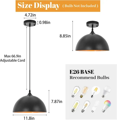 Miniatura 2 de Luces colgantes industriales, luces colgantes de cúpula negra de 11.8", lámpara colgante vintage ajustable para isla de cocina, restaurante, bar