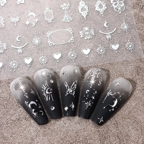 Miniatura 5 de Calcomanías de uñas metálicas plateadas 3D – Calcomanías de uñas para mujer, diseño de estrellas, luna y sol, decoración de mariposas y bohemio