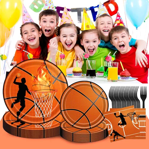 Miniatura 6 de Decoraciones de fiesta de baloncesto, juego de 96 platos y servilletas de baloncesto para niños, decoraciones de fiesta de cumpleaños de niños
