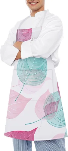 Miniatura 4 de MUSM Apron for Adults - 27.6 X 31.5 Inch, Heavy-Duty Polyester Aprons with Two Large Pockets, Waterproof Peach And Teal Leaves Kitchen Apron for