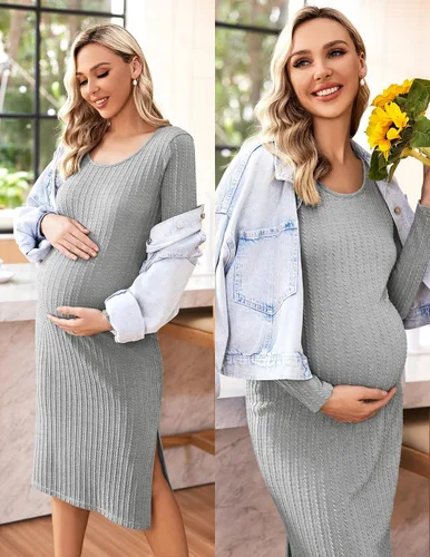 Miniatura 2 de Ekouaer Maternity Dress Rib Knit Long Sleeve Side Slit Bodycon Dresses Pregnancy Baby Shower Clothes S-XXL